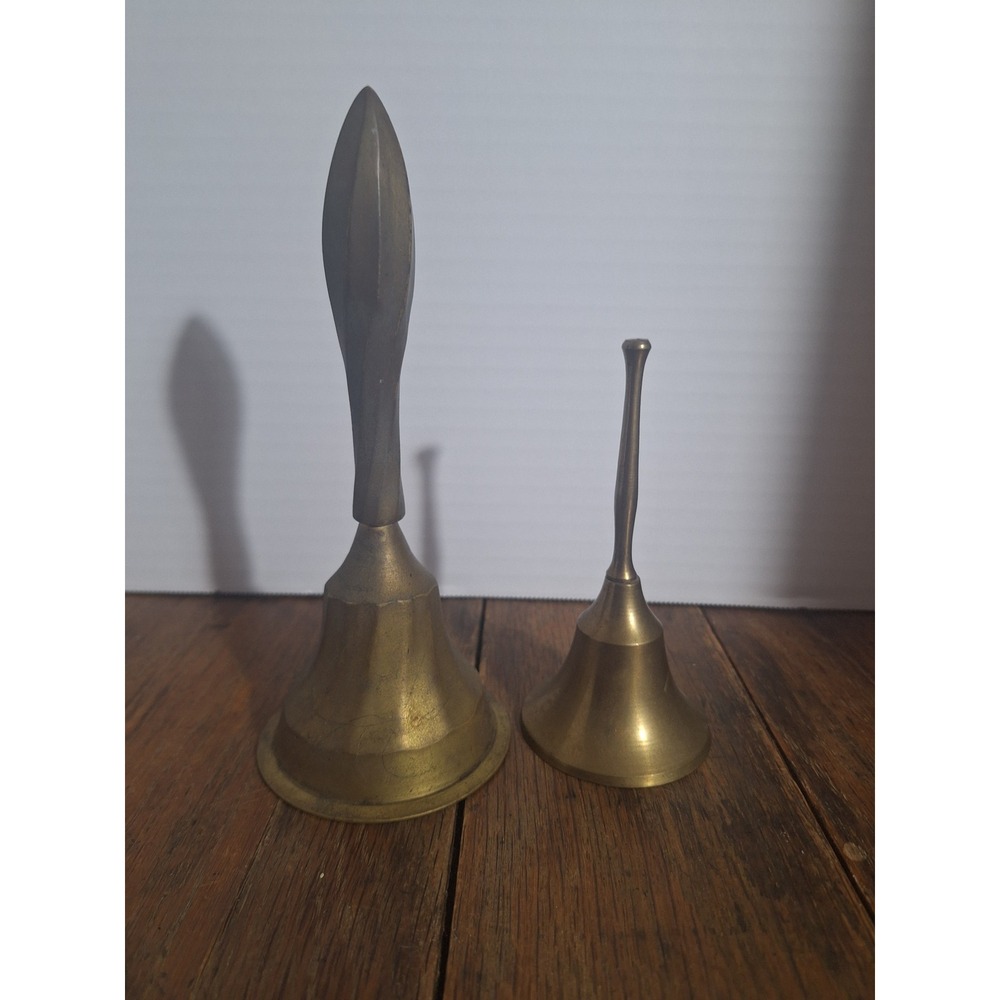 Vintage Solid Brass Hand Bell Set 2 Piece Tapered Handle Dinner Service Decor